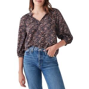 FAHERTY Portia Navy Boho Artisan Floral V-Neck 3/4 Sleeve Blouse Top | Medium